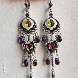 Iridescent dripping heart chandelier earrings