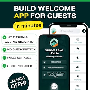 Puede incluir: Imagen promocional de una aplicación para huéspedes, con el texto "BUILD WELCOME APP FOR GUESTS in minutes." La aplicación muestra un logotipo de casa e información de contacto. Las características clave incluyen sin diseño ni codificación, sin suscripción y totalmente editable.