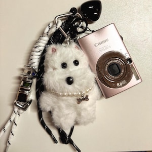Dog Plush Keychain with Pearl Necklace, Fluffy Dog Keychain, Plush Bag Accessory, bag Charm, Keychain, Plush Bag Charm, Gift for Her, cute