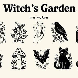 Könnte beinhalten: Schwarz-Weiß-Illustrationen mit Hexenmotiven: Kürbis, botanische Zweige, Hand mit Kristallkugel, Rabe, Zaubertrankflasche, Pilz, Fledermaus, schwarze Katze und Zaubertrank-Kolben. Der Text "Witch's Garden" steht oben.