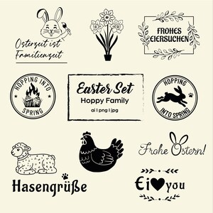 Könnte beinhalten: Eine Sammlung von schwarz-weißen Osterillustrationen auf cremefarbenem Hintergrund. Enthält einen Hasen, Narzissen, ein Lamm, ein Huhn und Texte wie "Easter Set" und "Frohe Ostern!" in verschiedenen Schriftarten.