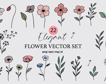 May include: A collection of 22 elegant flower vector illustrations in various styles. The designs include flowers, leaves, and stems in shades of pink, gray, and green, with black outlines. Text reads "Elegant Flower Vector Set".