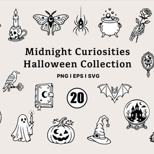Könnte beinhalten: Eine Sammlung von 20 schwarz-weißen digitalen Illustrationen mit dem Titel Midnight Curiosities Halloween Collection. Die Symbole umfassen Pilze, eine Totenkopfkerze, eine Motte, eine Spinne, einen Kessel, eine Skeletthand mit Rose, eine Laterne, einen Mond, einen Raben, einen Spiegel, ein Ouija-Brett, einen Trank, ein Buch, eine Fledermaus, eine Katze, ein Gespenst, einen Kürbis, einen Hexenhut, eine Kristallkugel und einen Besen.