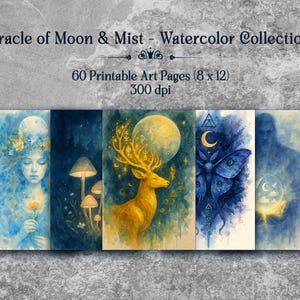 Könnte beinhalten: Eine Sammlung von Aquarelldrucken mit dem Titel "Oracle of Moon & Mist". Die Drucke zeigen mystische Bilder, darunter eine Frau, Pilze, ein Hirsch, eine Motte und eine Figur. Die Sammlung umfasst 60 druckbare Kunstseiten, jeweils 20 x 30 cm.