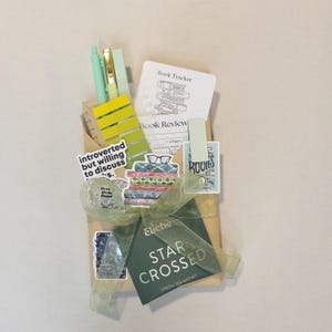 Puede incluir: Un juego de regalo con art&iacute;culos de papeler&iacute;a para amantes de los libros. Incluye bol&iacute;grafos, notas adhesivas, pegatinas y una bolsita de t&eacute; verde. El conjunto est&aacute; atado con una cinta verde y presenta el texto "introverted but willing to discuss" y "Star Crossed".