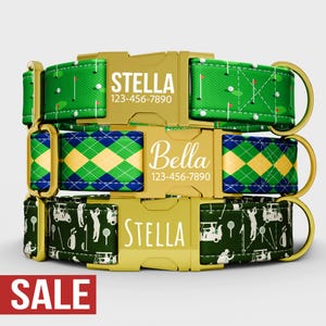 May include: Three personalized dog collars with gold-colored buckles. The top collar is green with a golf course pattern and the name "Stella". The middle collar has a blue and yellow diamond pattern and the name "Bella". The bottom collar is green with a golf theme.