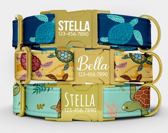 Personalized Turtle Print Dog Collar:USA Handmade with matching LEASH, Gift Ready TPC-22