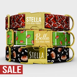 May include: Three personalized dog collars with gold-colored buckles. The top collar has a red football pattern, the middle one has a green field pattern, and the bottom one has a black football pattern. Each collar displays a name and phone number.