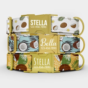 May include: Three dog collars with gold-colored buckles and D-rings. The collars feature tropical patterns with coconuts, palm leaves, and flowers. The names "Stella" and "Bella" are printed on the buckles, along with a phone number.