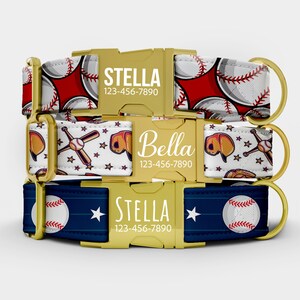 May include: Three dog collars with baseball-themed designs. The top collar has a red background with baseballs. The middle collar has baseball bats, gloves, and stars. The bottom collar is navy blue with baseballs and stars. Each collar has a gold buckle with a name and phone number.
