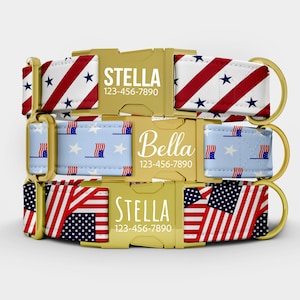 May include: Three dog collars with patriotic designs. One collar features red and white stripes with blue stars, another has a light blue background with stars and flags, and the third displays the American flag. Each collar has a gold buckle with a name and phone number.