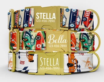 Personalized Race Car Print Dog Collar, Classic Car Theme-USA Handmade with matching LEASH, Gift Ready TPC-87