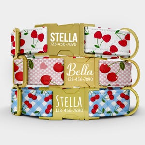 Puede incluir: Tres collares para perros con hebillas doradas. Los collares presentan patrones de cerezas sobre fondos blancos, rosas y de cuadros azules. Cada collar tiene un nombre y un número de teléfono impresos en la hebilla.
