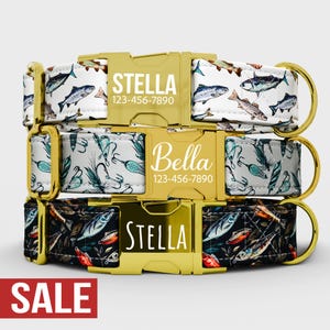 May include: Three dog collars with gold buckles and D-rings. The top collar has a white background with blue fish. The middle collar has a gray background with fishing hooks. The bottom collar has a black background with fish and lures. Each collar has a name and phone number.