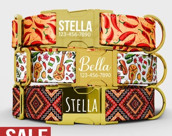 Collar mexicano personalizado con correa para perro: hecho a mano con temática hispana, hebilla de metal ajustable.