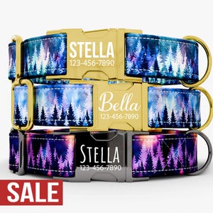 May include: Dog collars with a forest scene design in blue, purple, and white. The collars have gold or silver buckles with the names "Stella" and "Bella" and phone numbers. The word "SALE" is displayed in a red rectangle.