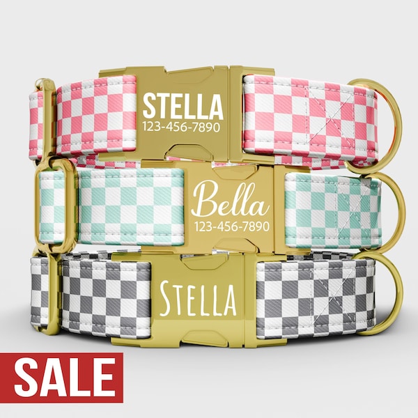Geruite hondenhalsband met riem: gepersonaliseerd roze en blauwgroen, handgemaakt in de VS