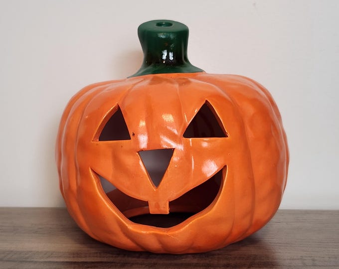 Vintage Earthenware Jack-O-Lantern Candleholder - Halloween Candleholder - Vintage 1980s Halloween Decor