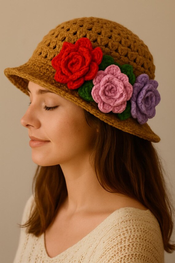 Handmade Crochet Hat With Colorful Flowers - Etsy Ireland display picture 2