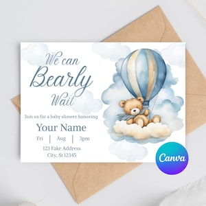 We Can Bearly Wait Baby Shower Invitation | Teddy Bear Shower Invitation | Editable Canva Template | Blue Hot Air Balloon Invite
