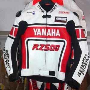 Yahama White & red  Motorbike Riding Leather Jacket Cowhide Leather Moto Gear Racing Jacket
