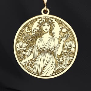 14K Gold Persephone Necklace – 925k Silver Goddess of Spring & Underworld – Pomegranate Symbol Jewelry – Myth of Life and Death