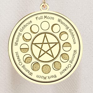 Collar de pentáculo con fases lunares en oro de 14 quilates: joyería wiccana de plata de ley