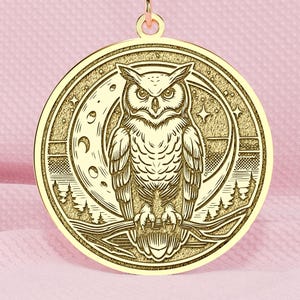 14K Gold Moon Owl Necklace: Sterling Silver Mystical Wisdom Pendant