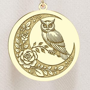 14K Gold Owl Necklace: Sterling Silver Crescent Moon Pendant, Celestial Jewelry