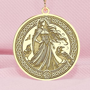 14K Gold Morrigan Necklace: Sterling Silver Celtic Raven Goddess Amulet
