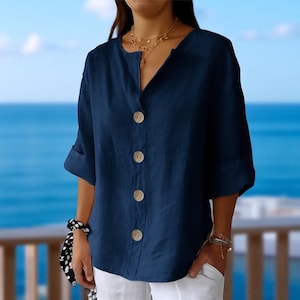 Boho Linen Blouse for Women, 4-Button Cotton Tunic Top, Summer Slim Fit 3/4 Sleeve V-Neck Shirt, Casual Boho Blouse, Autumn Aesthetic Top