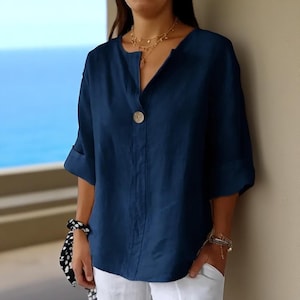 Boho Summer Blouse for Women, Cotton Linen Tunic Top, Slim Fit 3/4 Sleeve V-Neck Shirt, Aesthetic Autumn Blouse, Tailored Casual Top