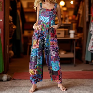 Boho Baumwoll Overall, Overall mit weitem Bein für Frauen, 70er Jahre Hippie Strampler, Himmlischer Druck Overall, Retro Unisex Outfit