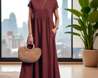 Women’s Vintage Cotton Linen Dress, Elegant Summer Long Sundress, O-Neck Short Sleeve Dress, Casual Boho Maxi Dress for Women