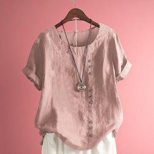 Elegant Cotton Linen Blouse for Women, Short Sleeve Summer Top, Side Button Casual Shirt, Lightweight Breathable Linen Cotton Top
