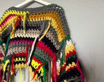 Multicoloured boho cropped sweater. Festivals, beach nights. Luxury handknit jumper. Julie Colquitt as seen on runway at NYFW and Vogue.