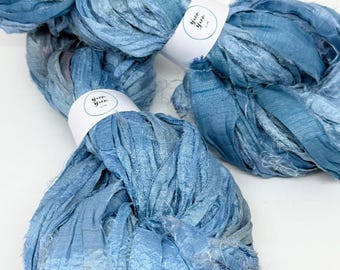 Recycled Sari Silk Ribbon Yarn, Denim Blue, 100g skein for boho arts and weaving.