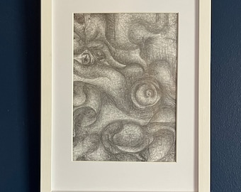 Original framed artwork. Graphite pencil. Mothers’s milk. The joys of being a new mother. Abstract life drawing.