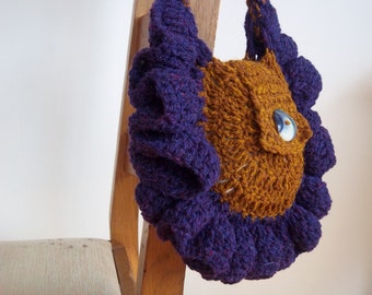 Boho crocheted hand bag in rare breed Hebridean wool. Handmade in Scotland, unique ethical gift. Lined in Silk.