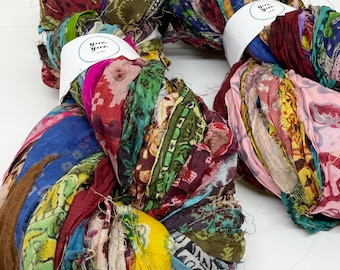 Printed sari silk ribbon for fibre arts, weaving, knitting and textile arts in a 5 metre skein.