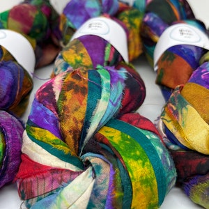 Sari silk ribbon. 5 METRE bundle. Tie dyed bold and rich colors. WIDE STRIPS. Handmade from recycled pure silk.