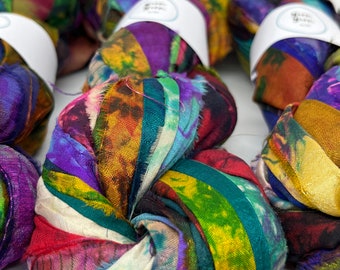 Sari silk ribbon. Tie dyed bold and rich colors. WIDE STRIPS. Handmade from waste silk. 100g, 45 metres