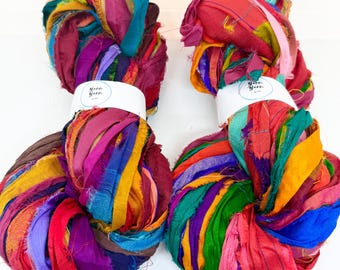Sari Silk Ribbon, Mixed Colour Art Yarn, weaving and textile arts and crafts. 5 Metres