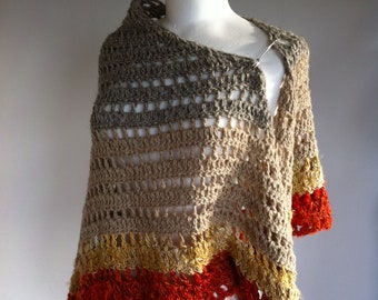 Contemporary shawl in sari silk yarn and Aran wool with Scottish large safety pin as seen on kilts.