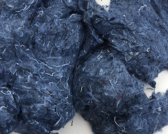 Recycled denim fibres for spinning, felting, arts and crafts. recycled from denim factories in India. Ethical fibres saving waste.