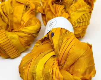Sari silk ribbon, 5 METRE bundle, knit, crochet, journal making, beautiful golden yellow. Art yarn, knitting ribbon, ethical yarn.