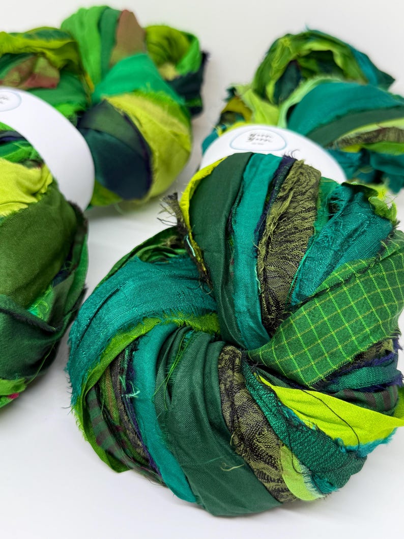 Silk sari ribbon, enchanted green, weaving ribbon, eco gift wrapping, ribbon yarn, basket making, rug making, crochet, knitting, 10 metres image 5