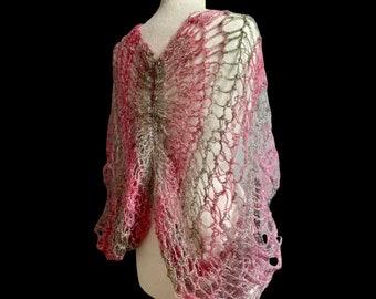 Elegant crochet shrug, pink and green bolero with balloon short sleeves. Delicate virgin wool Super light. Summer top, y2k crochet.