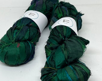 Silk sari ribbon, 45 yards, premium quality wide strips. Ribbon yarn. Racing green. Knitting, jewellery, weaving, crochet.