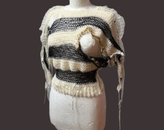 Grunge knitwear, goth sweater, distressed knitwear, y2k crochet, crocheted punk top, funky knit, knits for girls, stripped goth sweater.